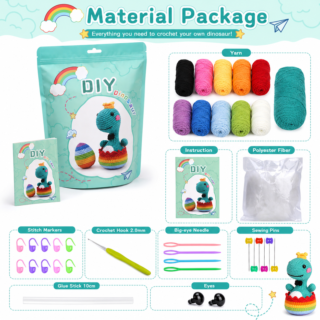 Dinosaur crochet kit material package contents