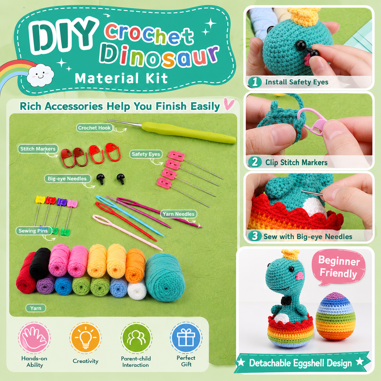 Dinosaur crochet kit accessories and beginner steps