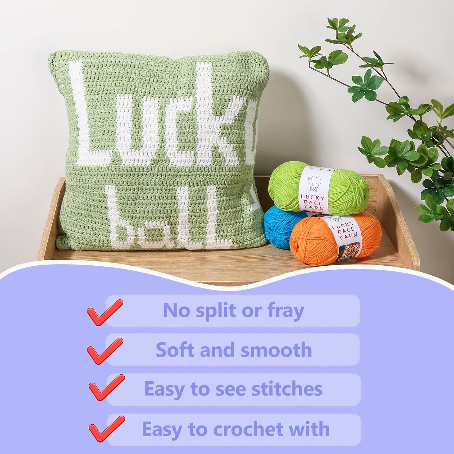 Crocheted green pillow with 'Lucky Ball' text, colorful fancy yarn skeins, and yarn features listed.