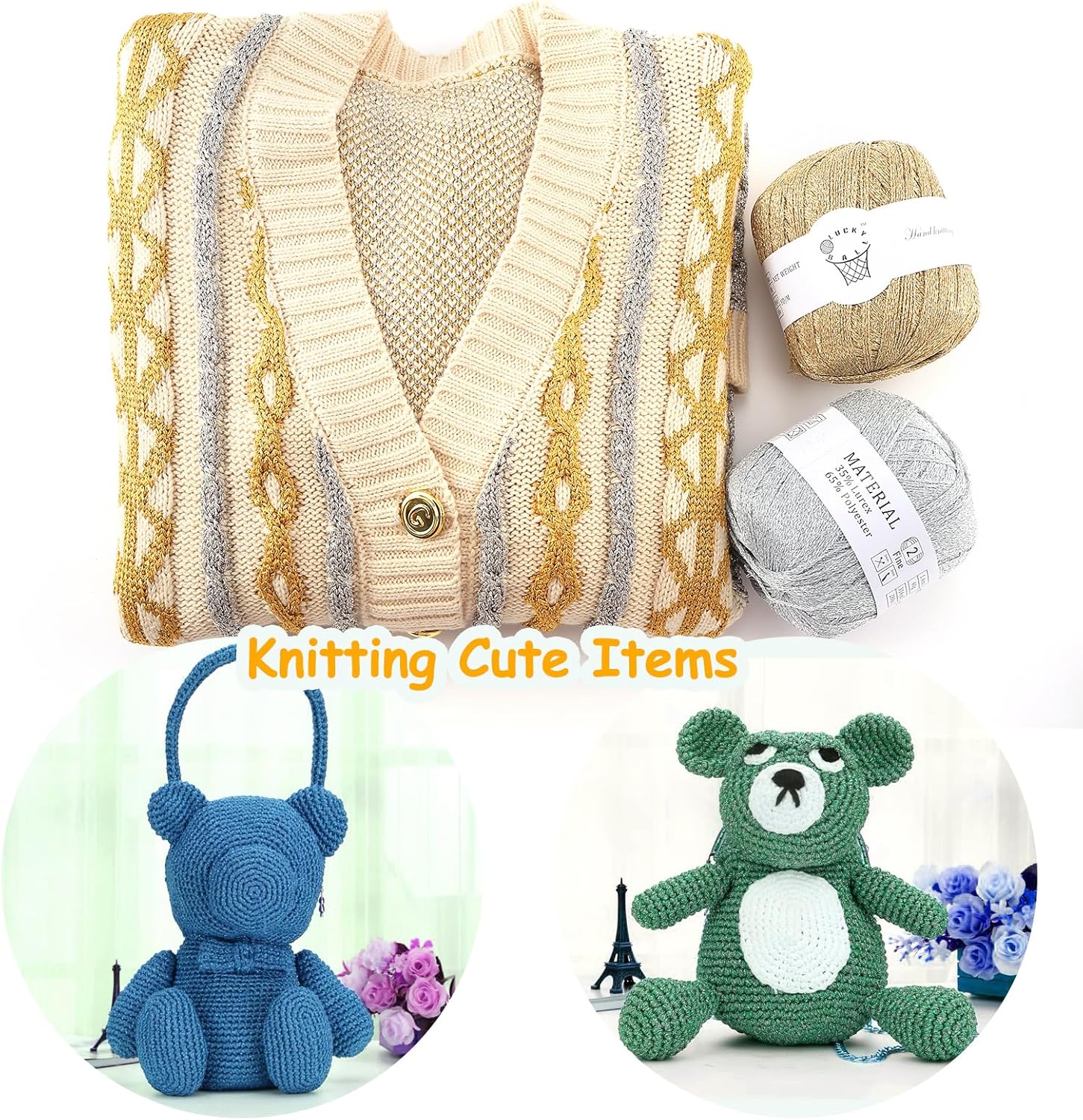 Fancy yarn with knitted sweater, blue bear bag, and green bear plush, knitting cute items