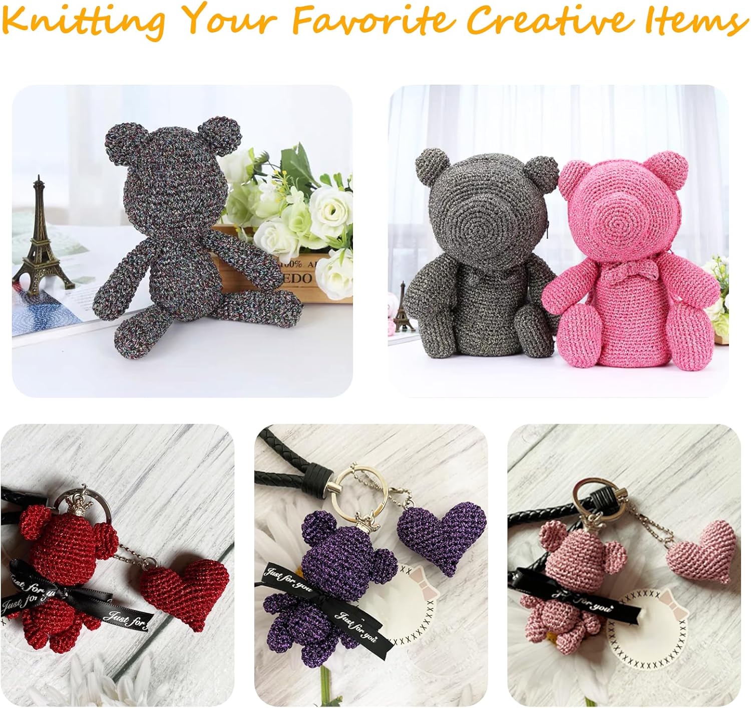 Hand-knitted fancy yarn teddy bears and heart keychains in various colors on display.