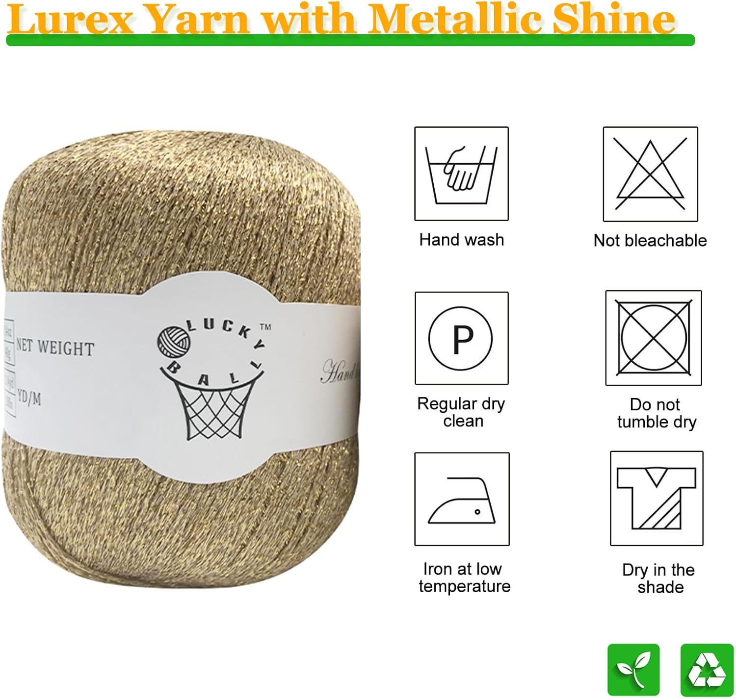 Fancy Lurex yarn with metallic shine, Lucky Ball brand, care instructions icons displayed