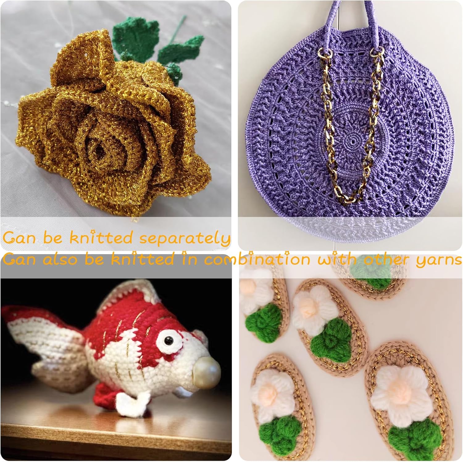 Handmade fancy yarn crafts including a gold rose, purple crochet bag, fish, and floral appliques.
