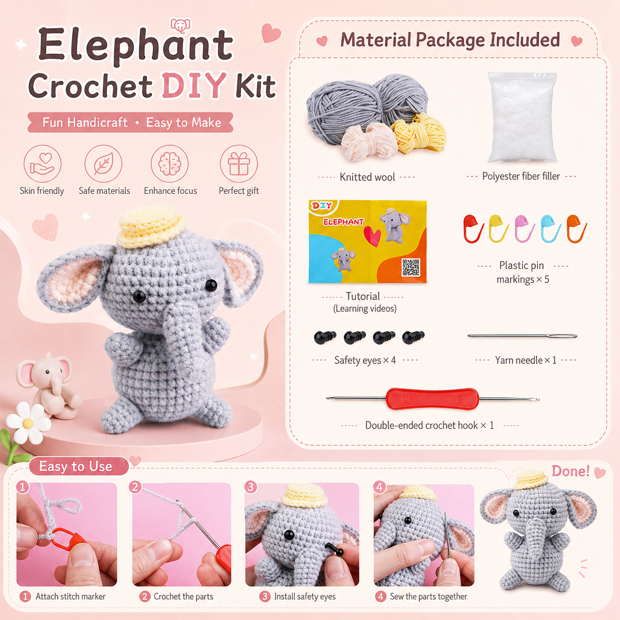 variant:elephant | Beginner Crochet Animal Kit - Elephant detail image