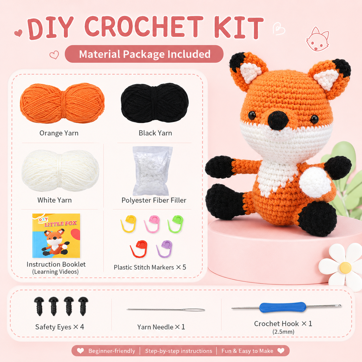 variant:fox | Beginner Crochet Animal Kit - Fox material package