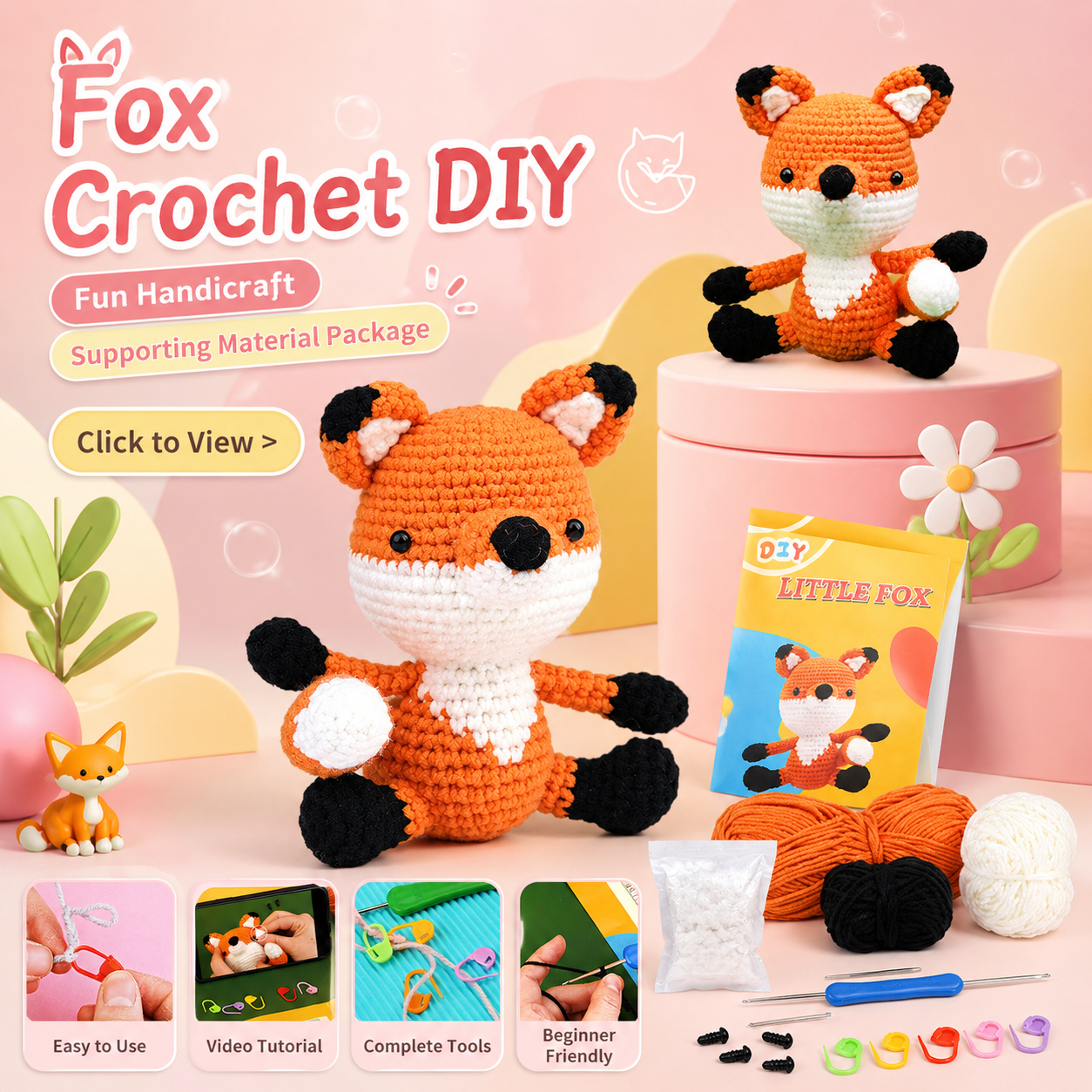 variant:fox | Beginner Crochet Animal Kit - Fox main image