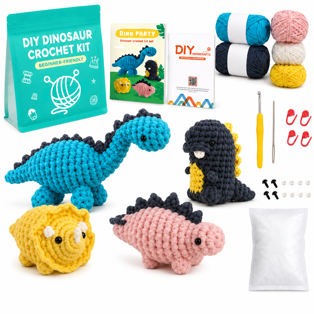 Beginner dinosaur crochet kit set with yarn tools and instructions