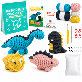 Beginner dinosaur crochet kit set with yarn tools and instructions