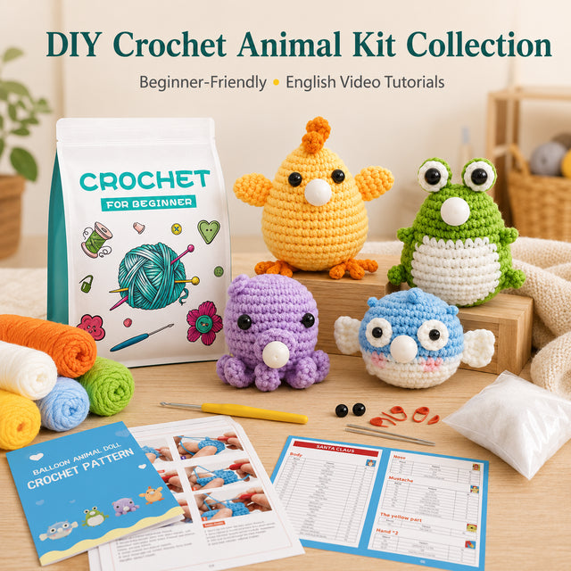 Beginner Balloon Octopus Crochet Kit with yarn tools and English tutorial
