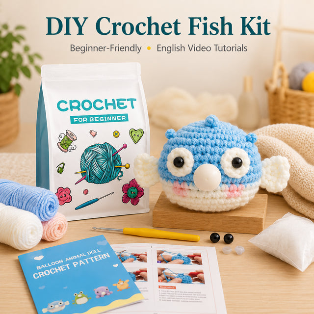 Beginner Balloon Pufferfish Crochet Kit with yarn tools and English tutorial