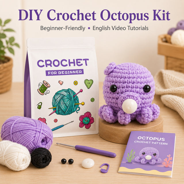 Beginner Balloon Octopus Crochet Kit with yarn tools and English tutorial