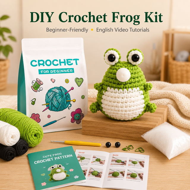 Beginner Balloon Frog Crochet Kit with yarn tools and English tutorial