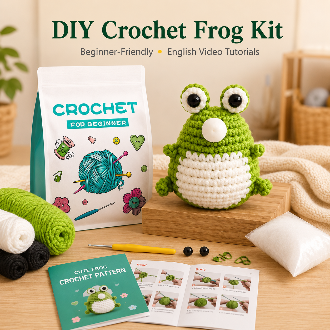 Beginner Balloon Frog Crochet Kit with yarn tools and English tutorial
