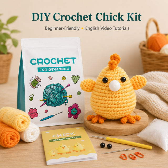 Beginner Balloon Chick Crochet Kit with yarn tools and English tutorial