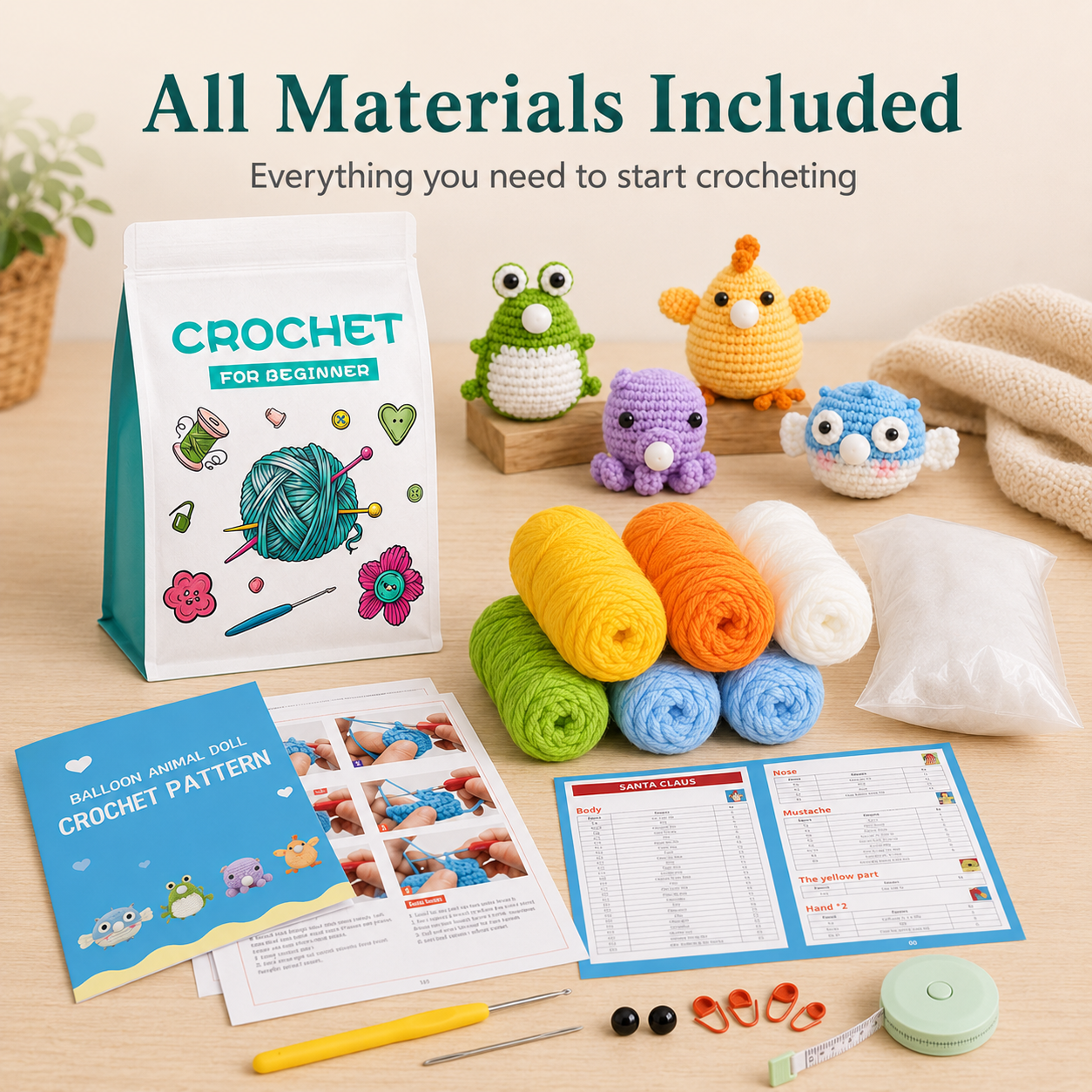 Beginner crochet animal kit materials and tutorial photo