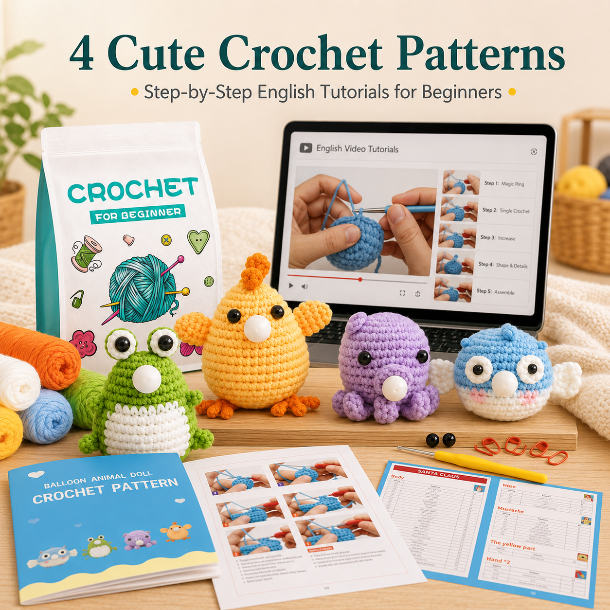 Beginner crochet animal kit materials and tutorial photo