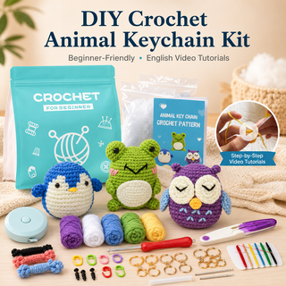 Beginner animal keychain crochet kit set with yarn tools and tutorial