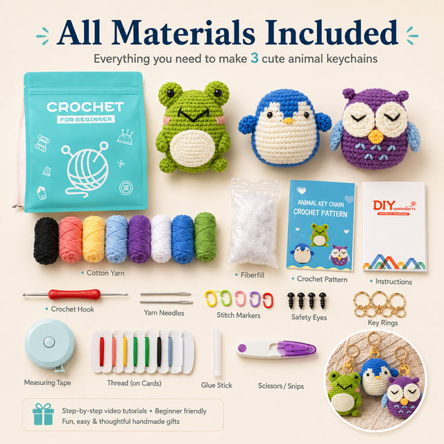 Beginner animal keychain crochet kit set with yarn tools and tutorial