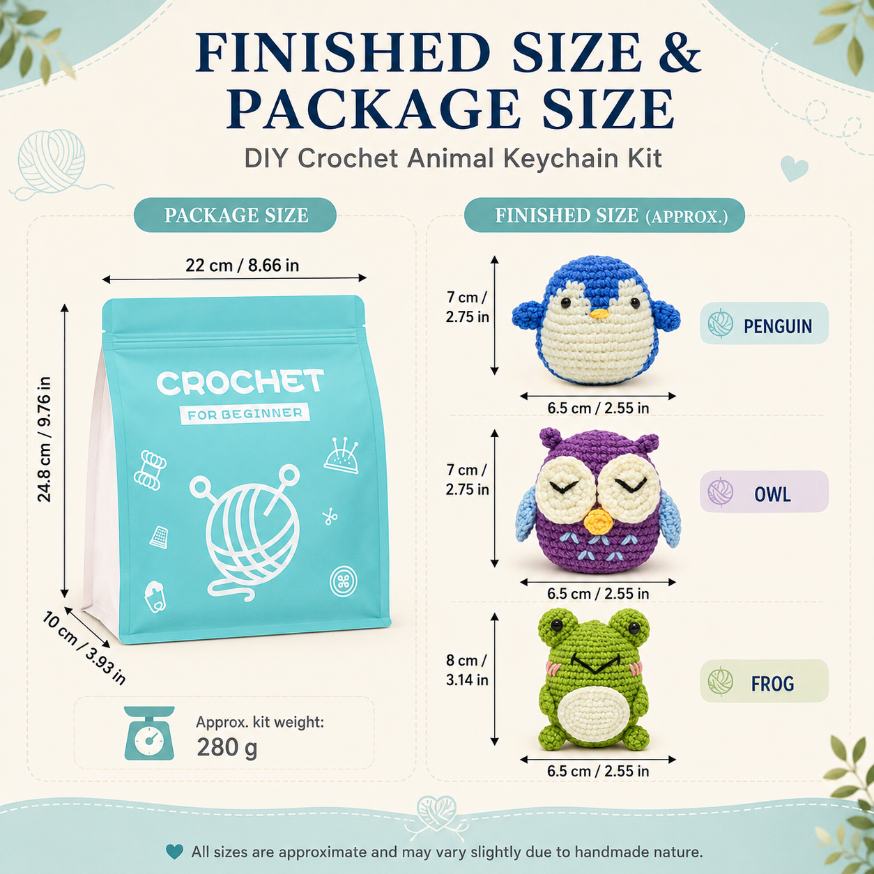 Animal keychain crochet kit materials and tutorial photo