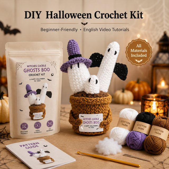 Beginner Halloween ghost crochet kit with yarn tools and tutorial