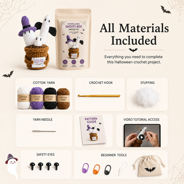 Beginner Halloween ghost crochet kit with yarn tools and tutorial