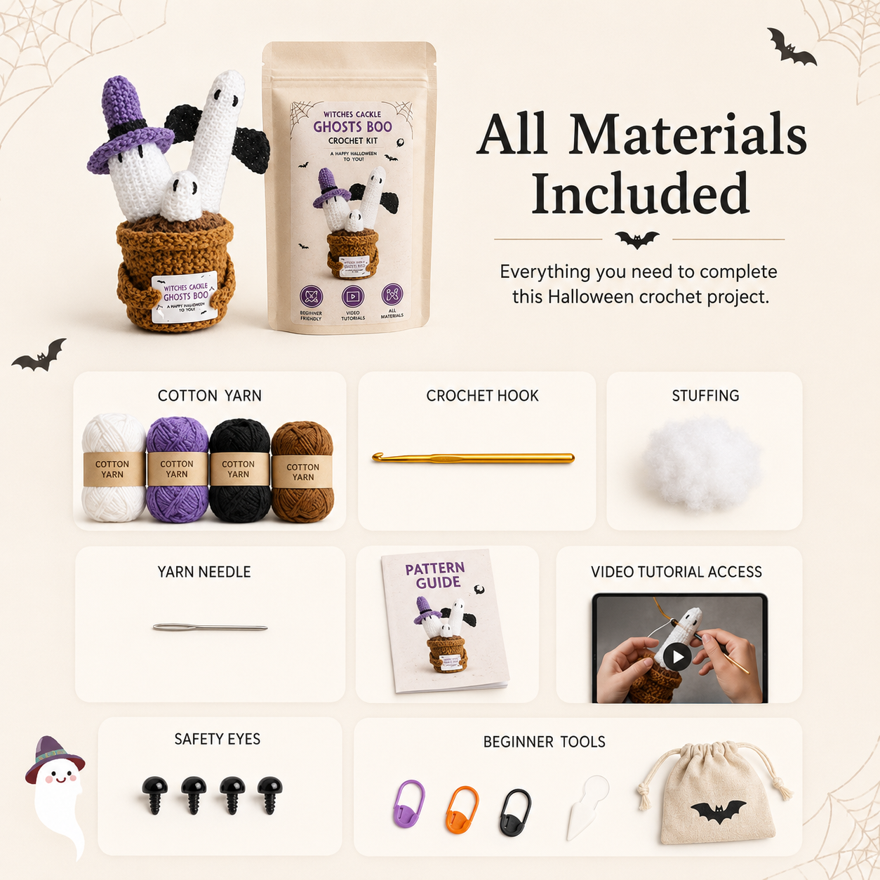 Halloween ghost crochet kit materials and tutorial photo