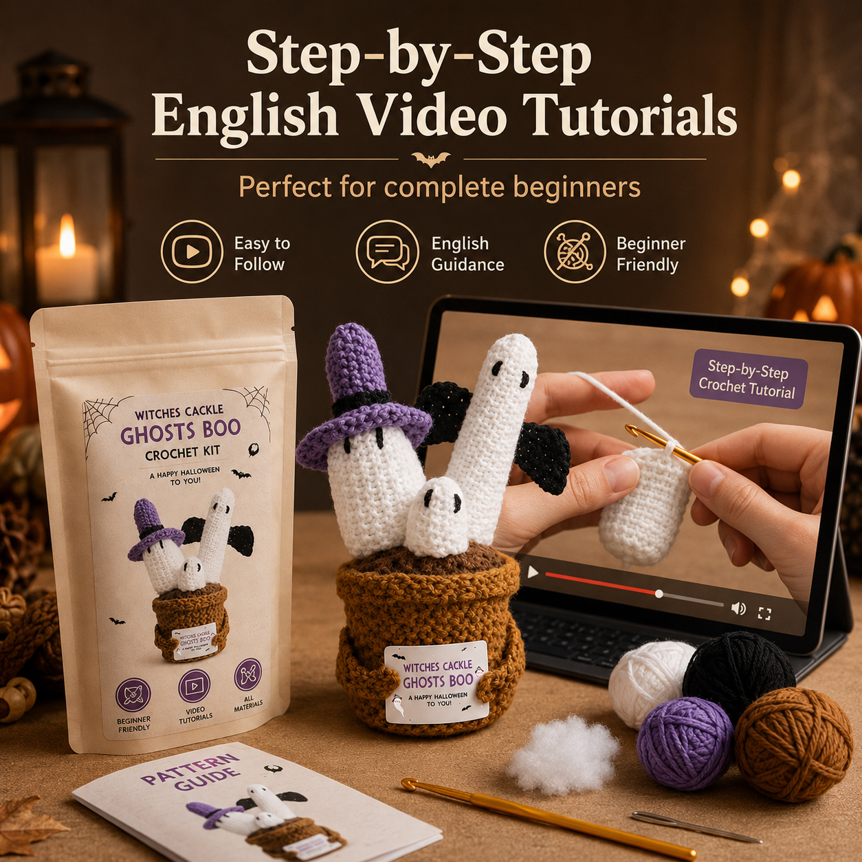 Halloween ghost crochet kit materials and tutorial photo