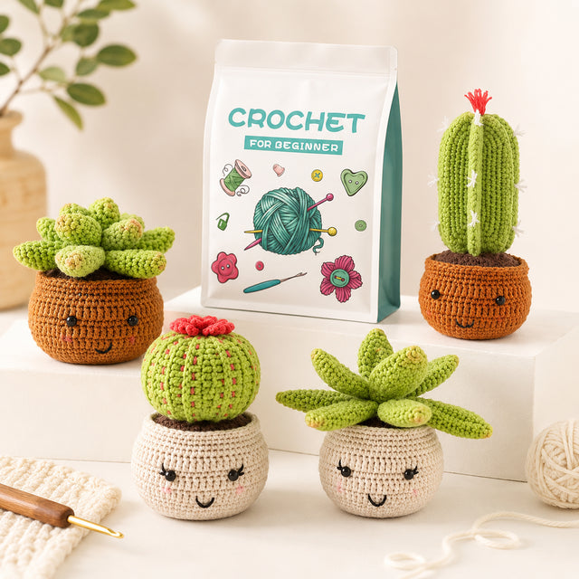 Beginner potted succulent and cactus crochet kit set