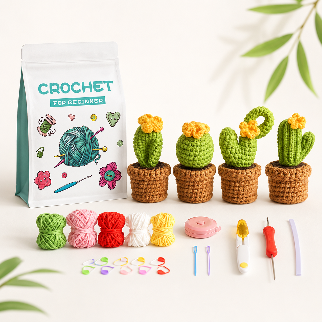Succulent and cactus crochet kit materials photo
