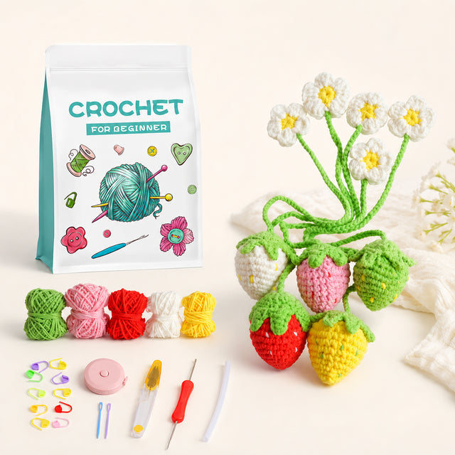 Beginner strawberry daisy crochet kit set with yarn and tools