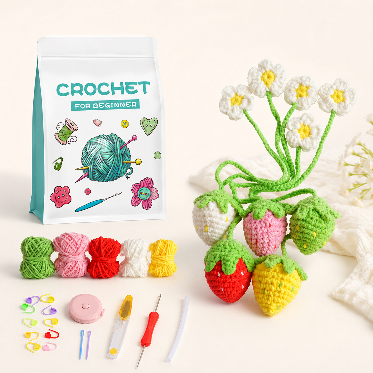 Beginner strawberry daisy crochet kit set with yarn and tools