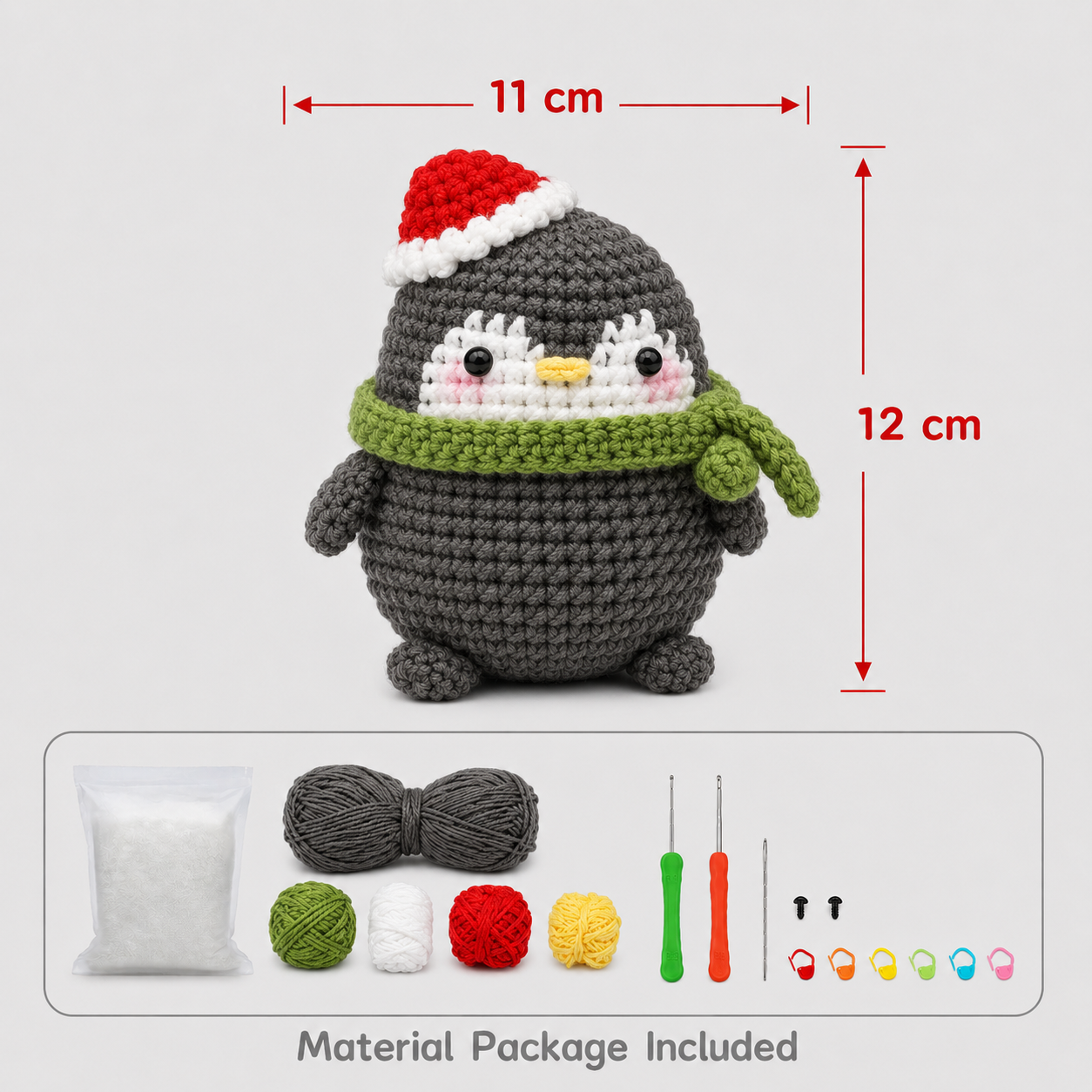 variant:gray | Gray Penguin Crochet Kit size and material package