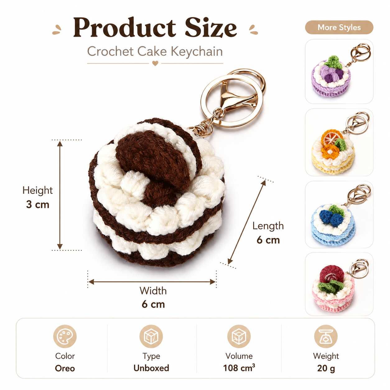 variant:oreo | Oreo mini crochet cake keychain charm product size 6 x 6 x 3 cm