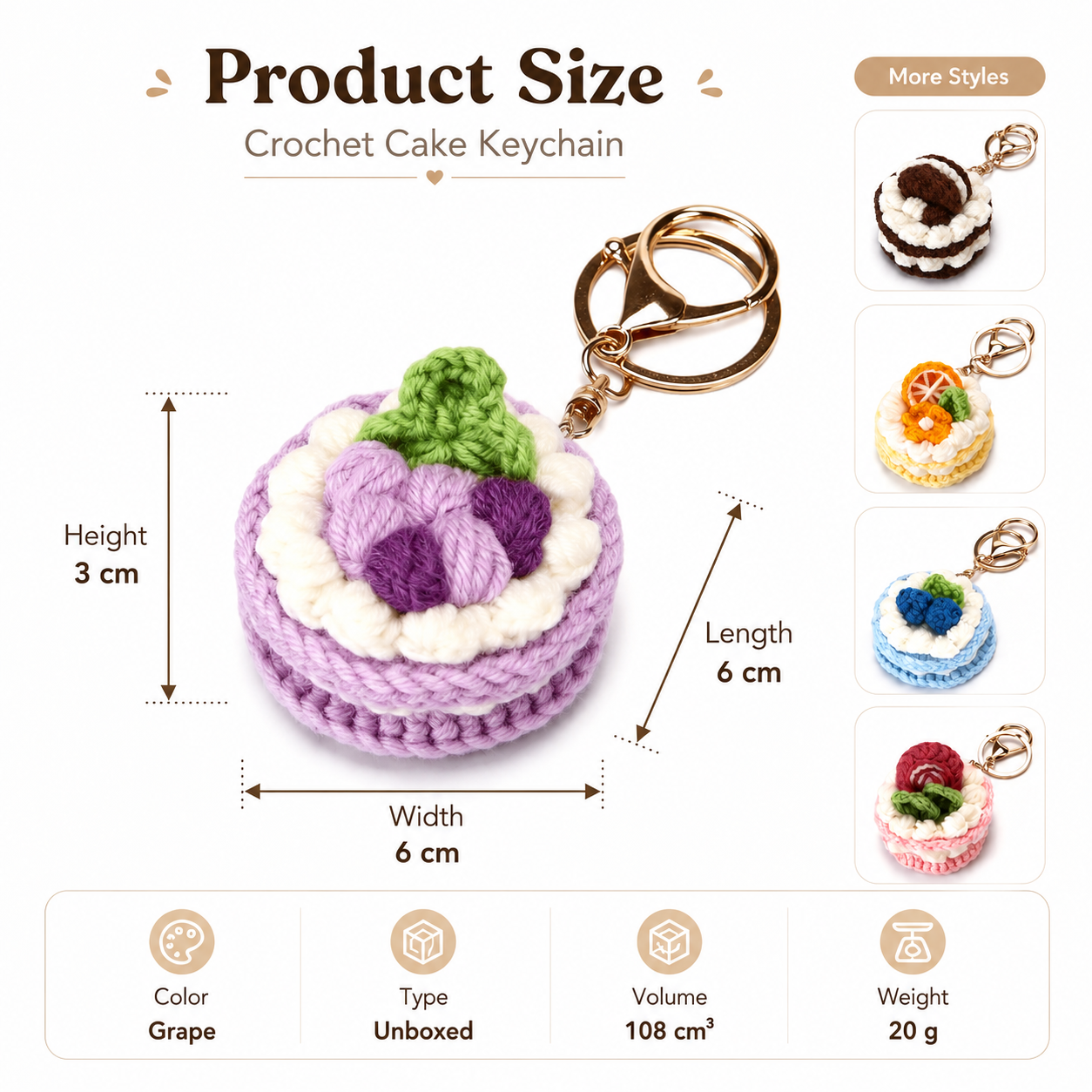 variant:grape | Grape mini crochet cake keychain charm product size 6 x 6 x 3 cm