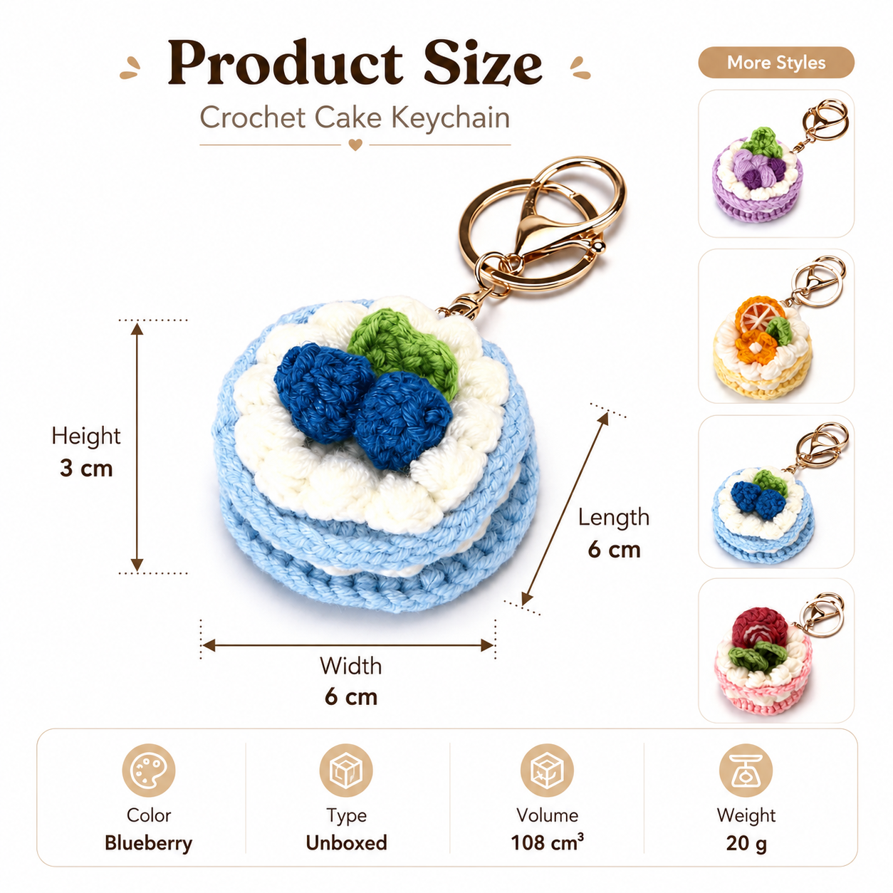 variant:blueberry | Blueberry mini crochet cake keychain charm product size 6 x 6 x 3 cm