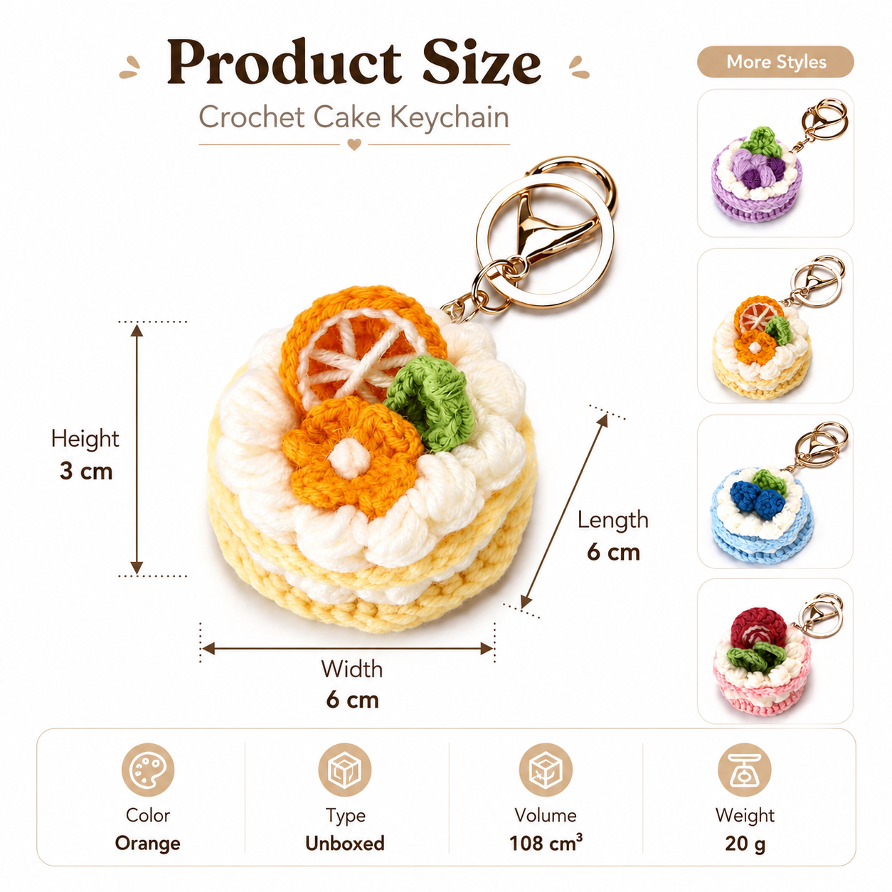 variant:orange | Orange mini crochet cake keychain charm product size 6 x 6 x 3 cm