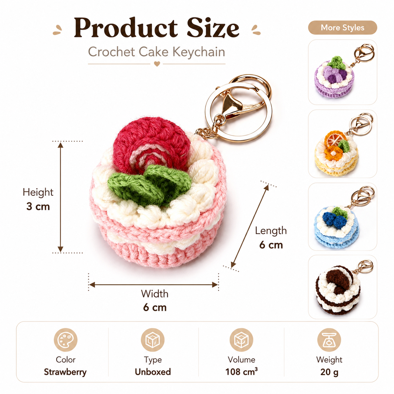 variant:strawberry | Strawberry mini crochet cake keychain charm product size 6 x 6 x 3 cm