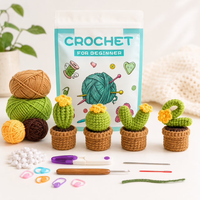 crochet cactus kit for beginners with mini plant desk decor project