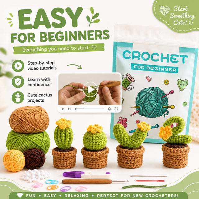 crochet cactus kit for beginners with mini plant desk decor project
