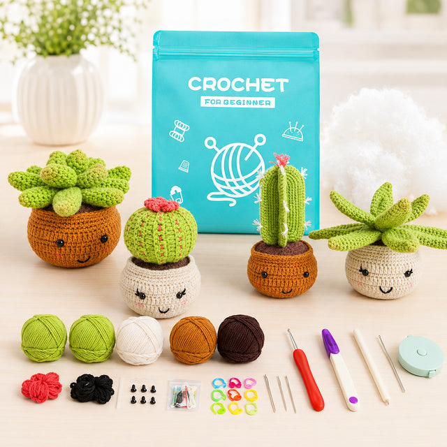 crochet succulent kit for beginners with potted plant craft project