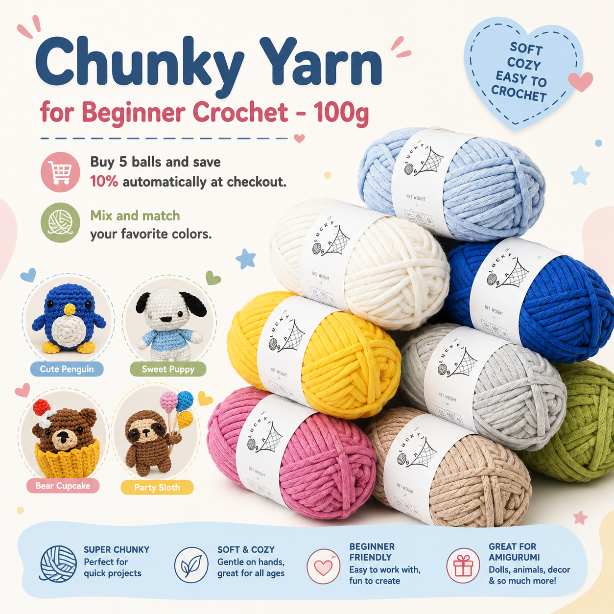 Chunky Yarn for Beginner Crochet cotton blend yarn for crochet and knitting, product photo