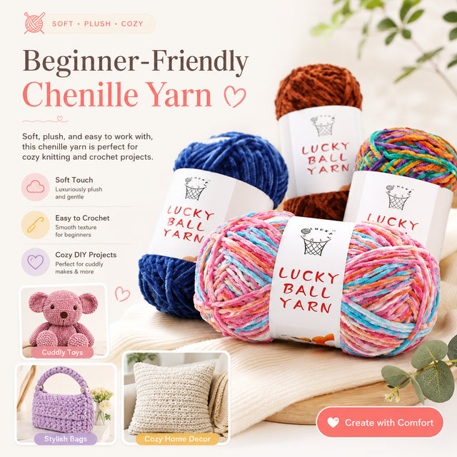 Soft, plush, and easy to work with, this chenille yarn is perfect for cozy knitting and crochet projects.