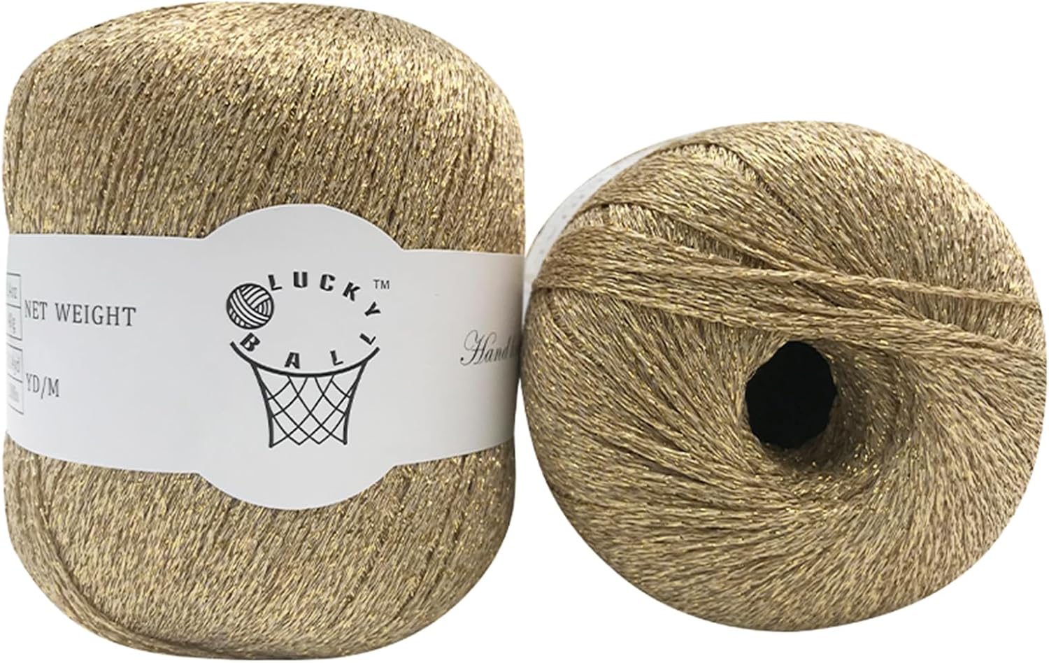 Gold metallic fancy yarn balls labeled Lucky Ball, ideal for knitting or crochet projects