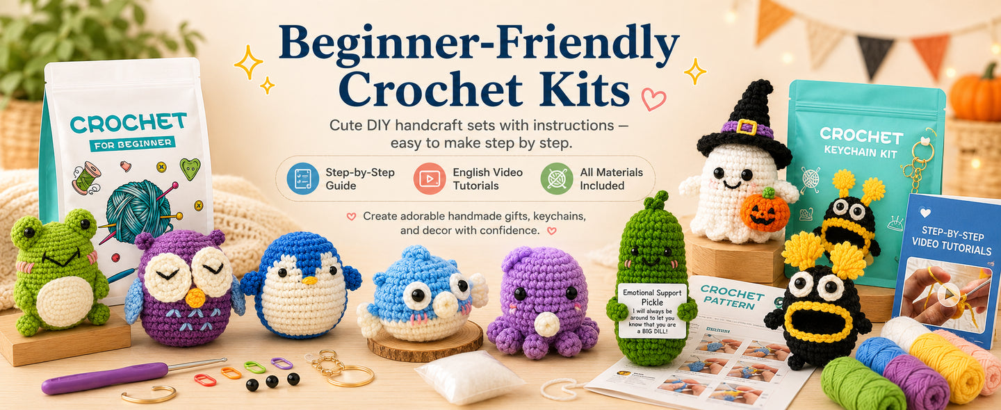 Beginner-friendly crochet kits with yarn, tools, English video tutorials and cute handmade projects