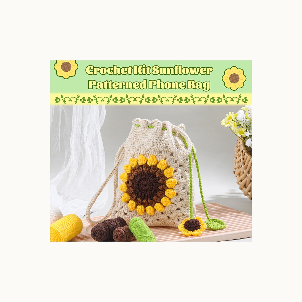 variant:cream | Cream Sunflower phone bag crochet kit main image
