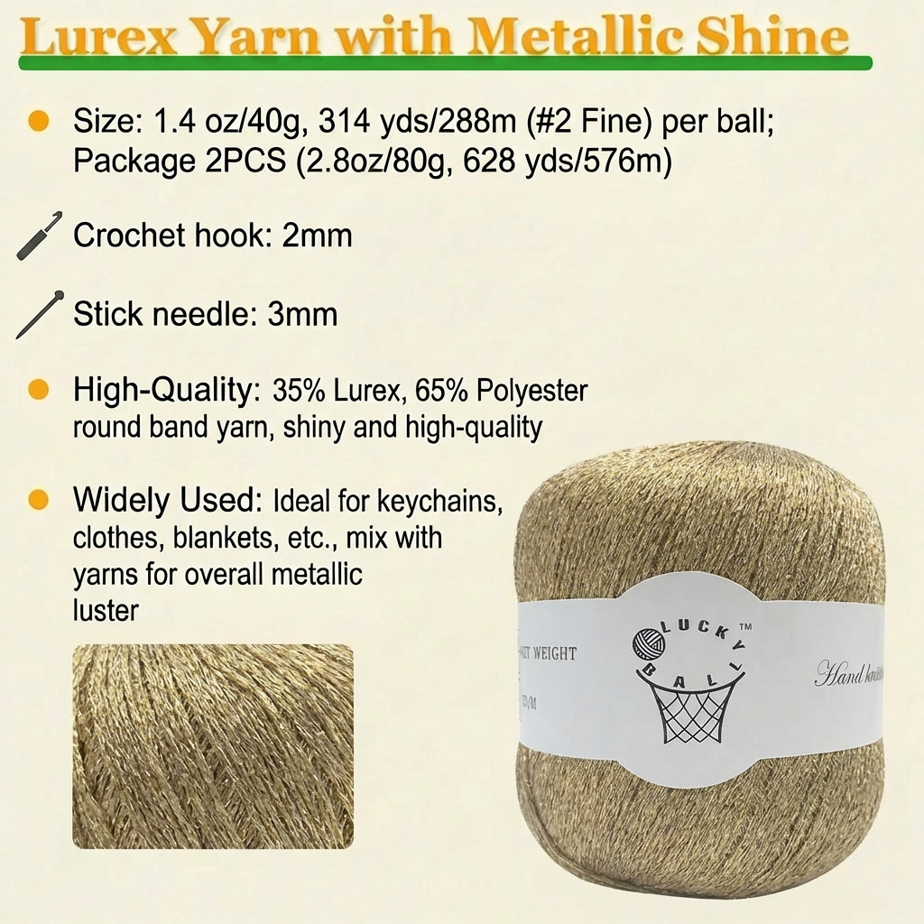 Gold metallic fancy yarn balls labeled Lucky Ball, ideal for knitting or crochet projects