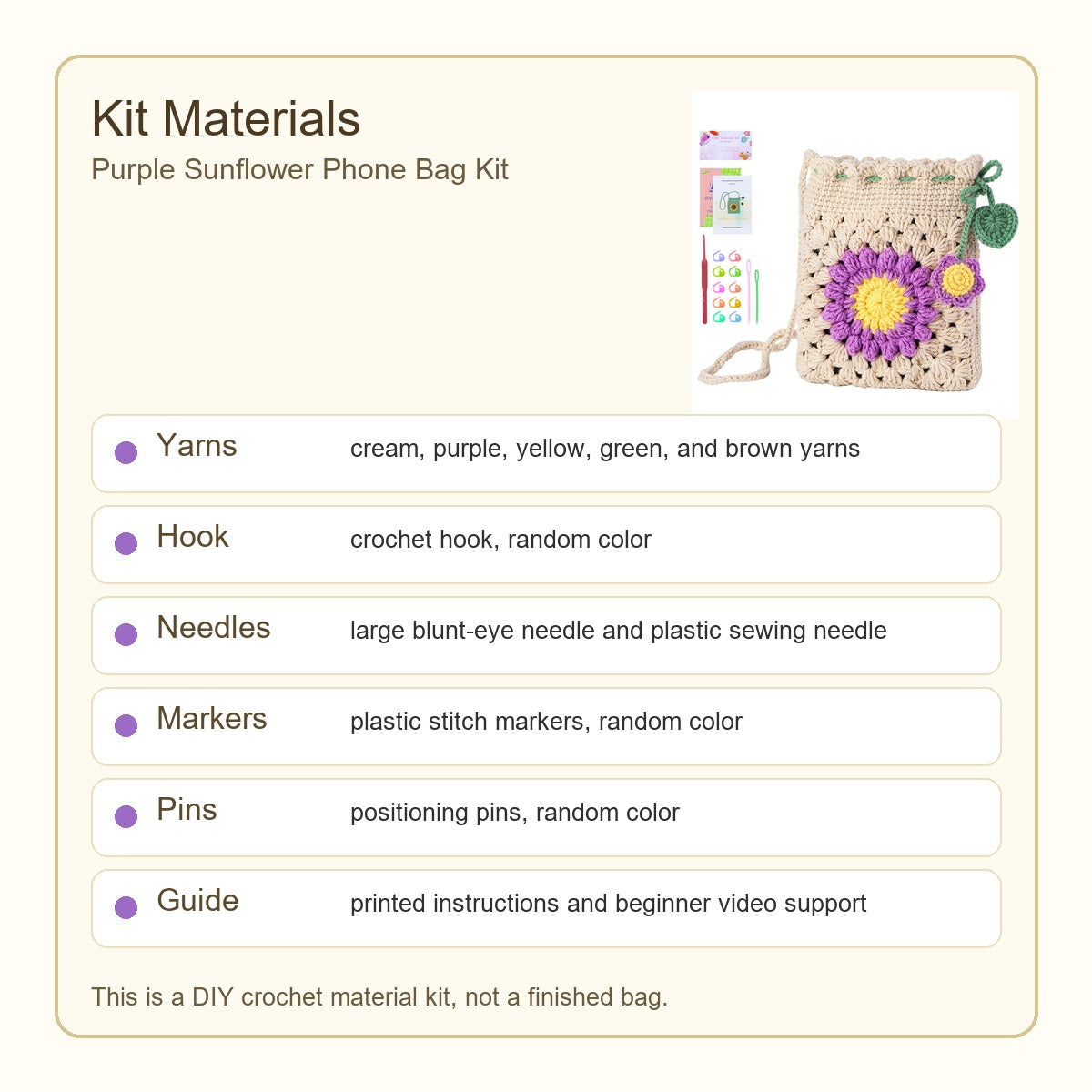 variant:purple | Purple Sunflower phone bag crochet kit materials