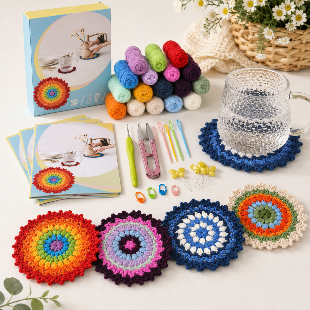 Beginner Rainbow Flower Coaster Crochet Kit