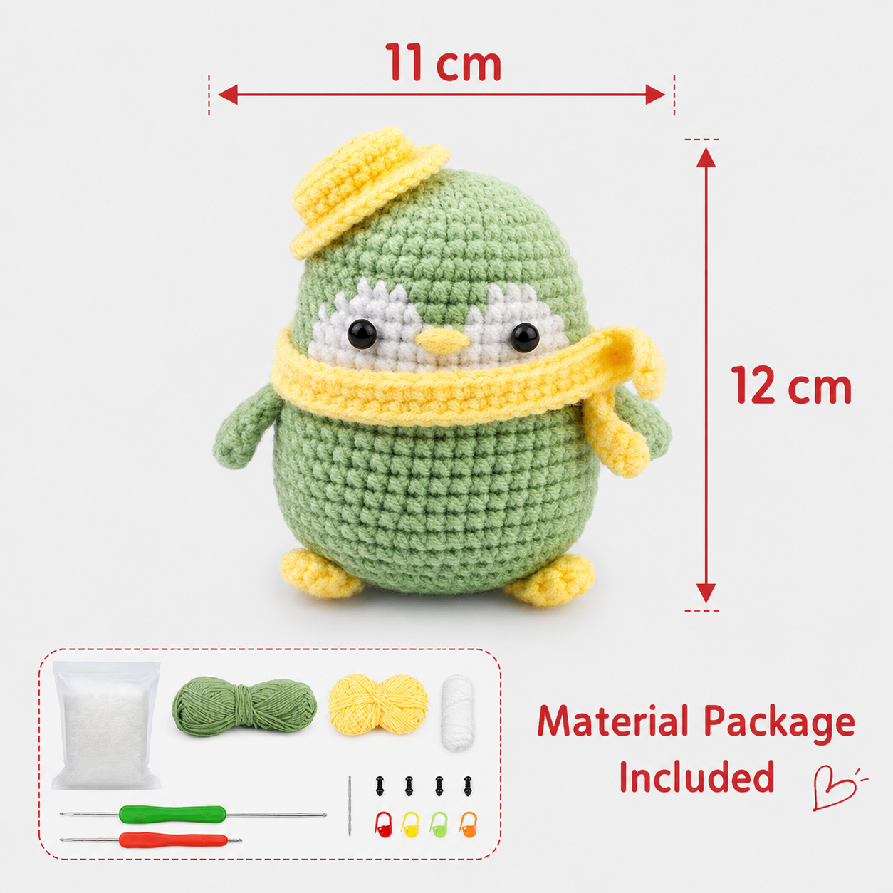 variant:green | Green Penguin Crochet Kit size and material package