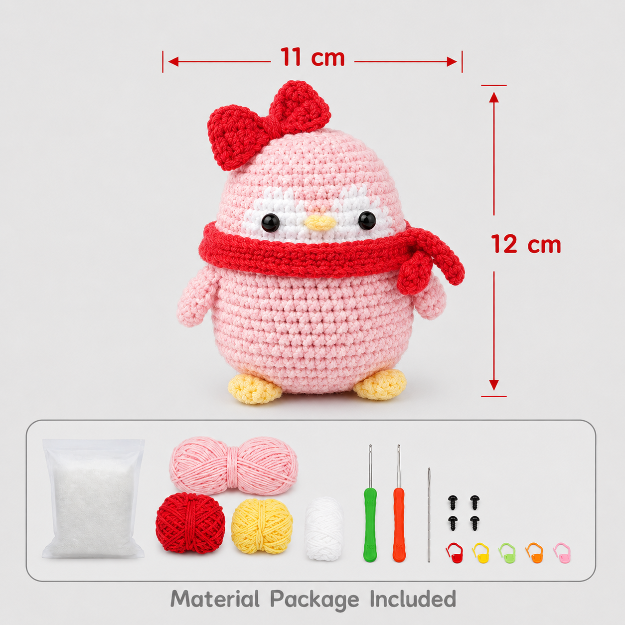 variant:pink | Pink Penguin Crochet Kit size and material package